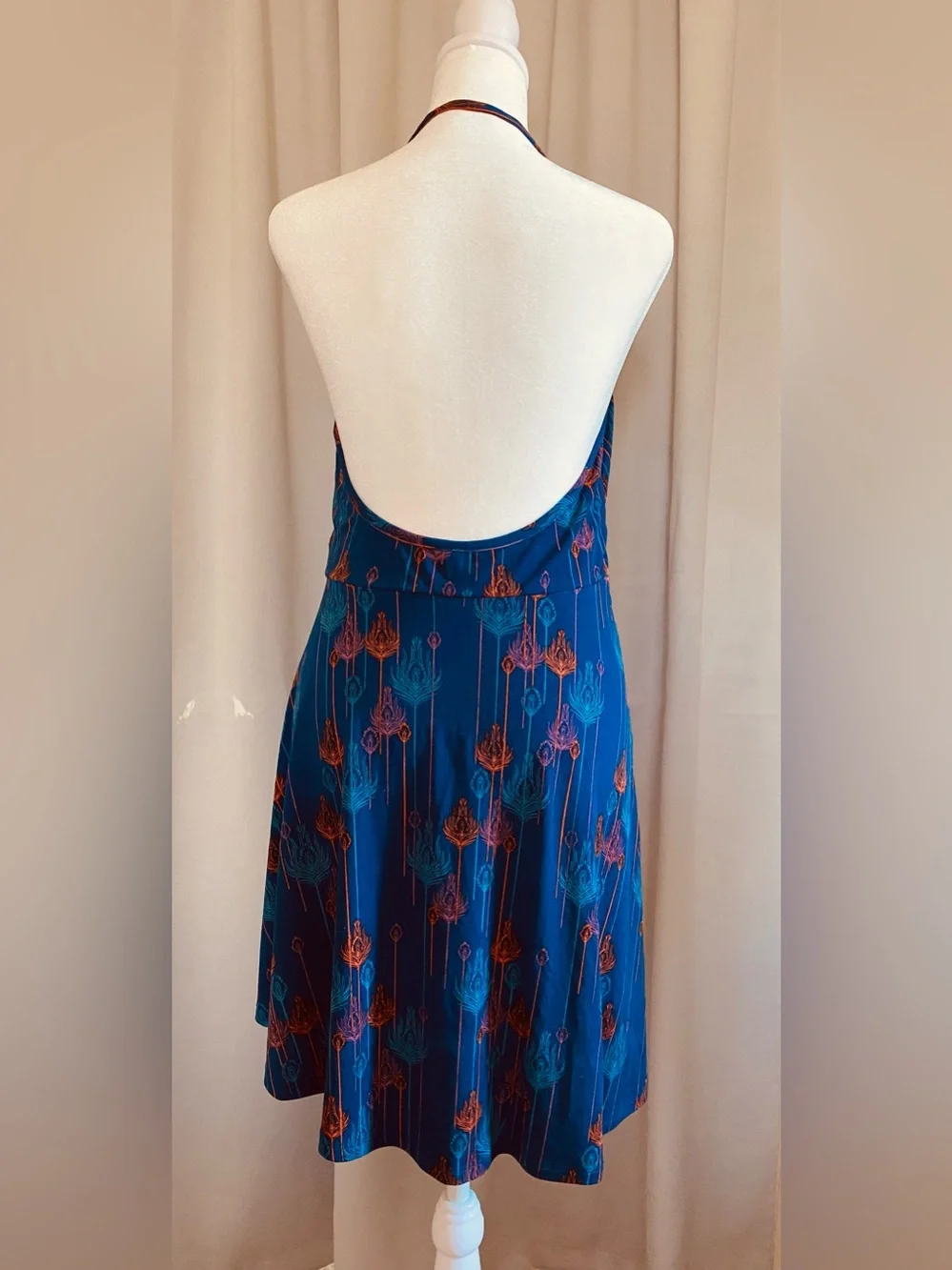 Free People Halter Mini Blue Orange Peacock dress Size M Open Back Asymmetrical